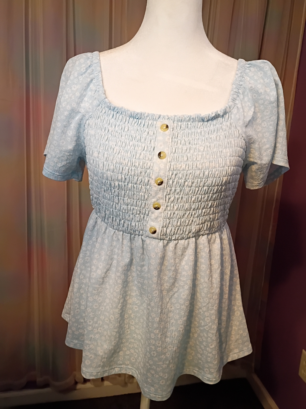 No Boundaries Light Blue Shirred Floral Peplum Babydoll Top Size Large (11-13)